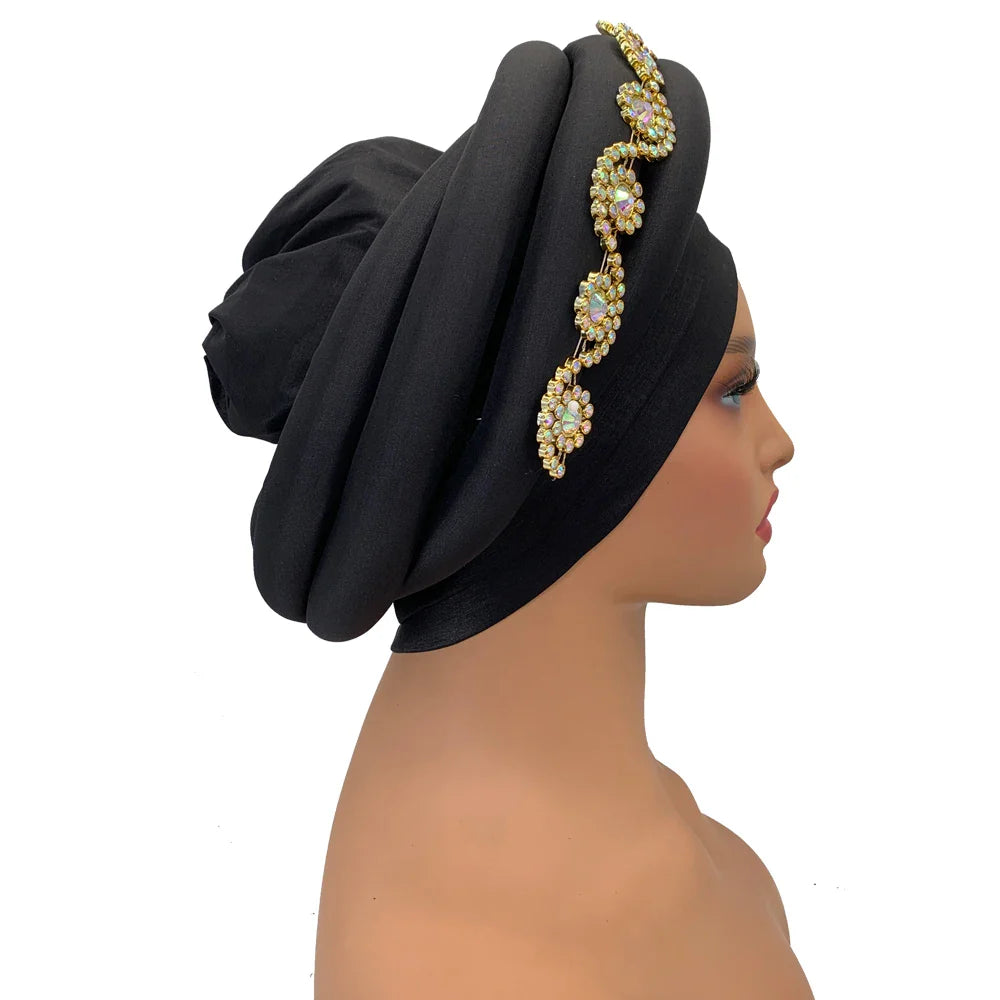 Twisted Braid Turban Cap for Women African Lady Head Wraps Diamonds Nigeria Raw Silk Autogele Headtie Muslim Hat Party Headwear