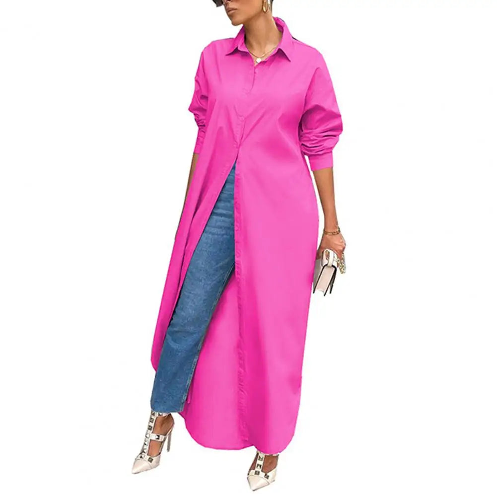 Women Shirt Windproof Shirt Dress Versatile Hem Stylish Autumn Winter Solid Color Shirt Long Dress