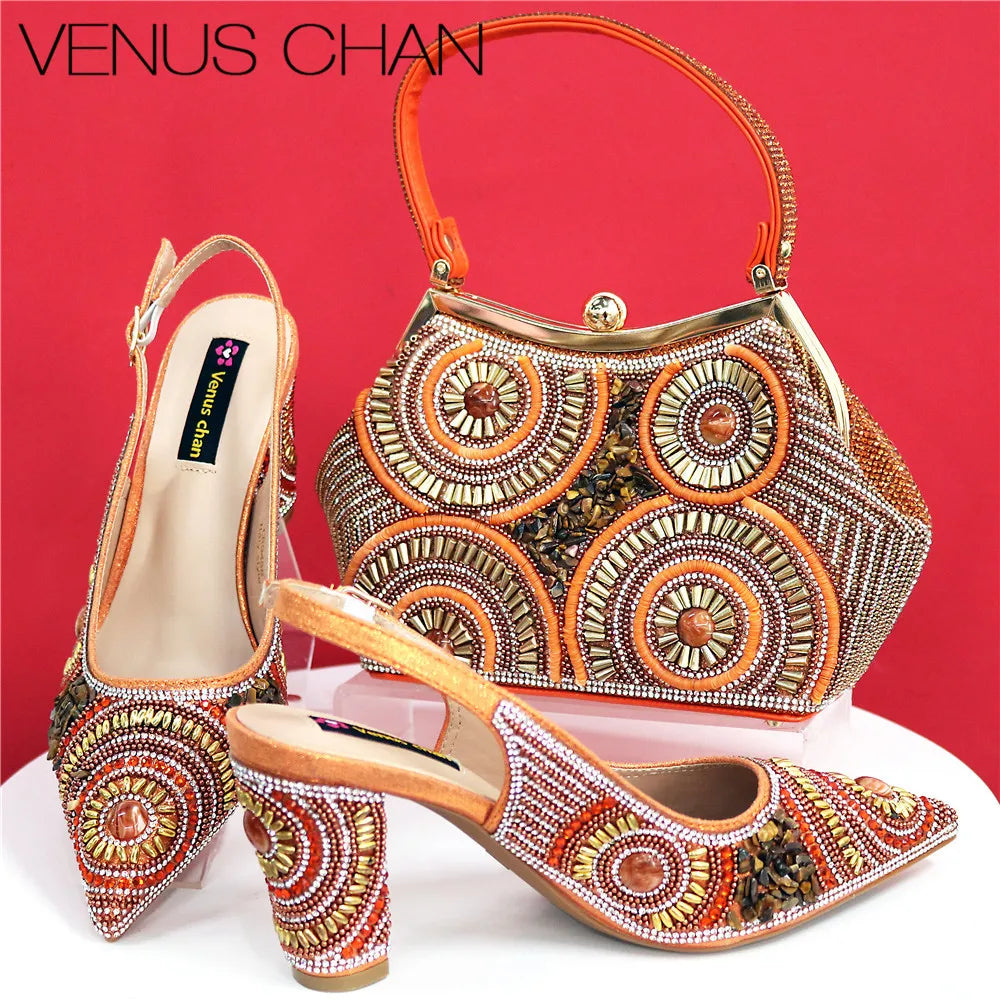 Spot Goods Elegant Streamlined Pointed Toe Women's Shoes Matching Flower Basket Handbag Party Women's Shoes And Bag Set