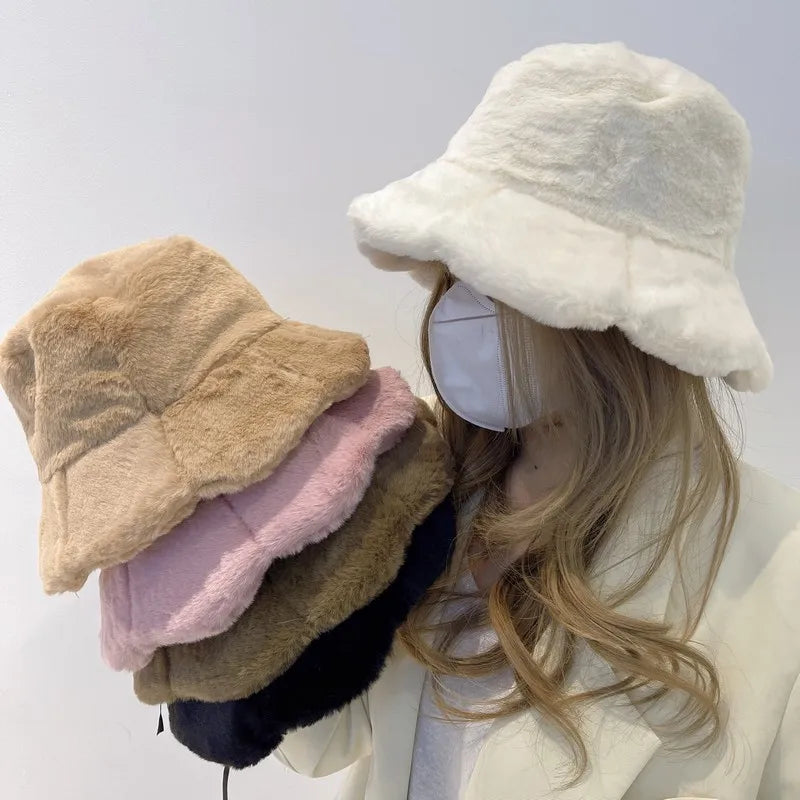 Women Girls Faux Fur Bucket Hat Plush Warm Fisherman Hat Outdoor Windproof Panama Bowl Hats Autumn Street Cold -proof Cap Hats