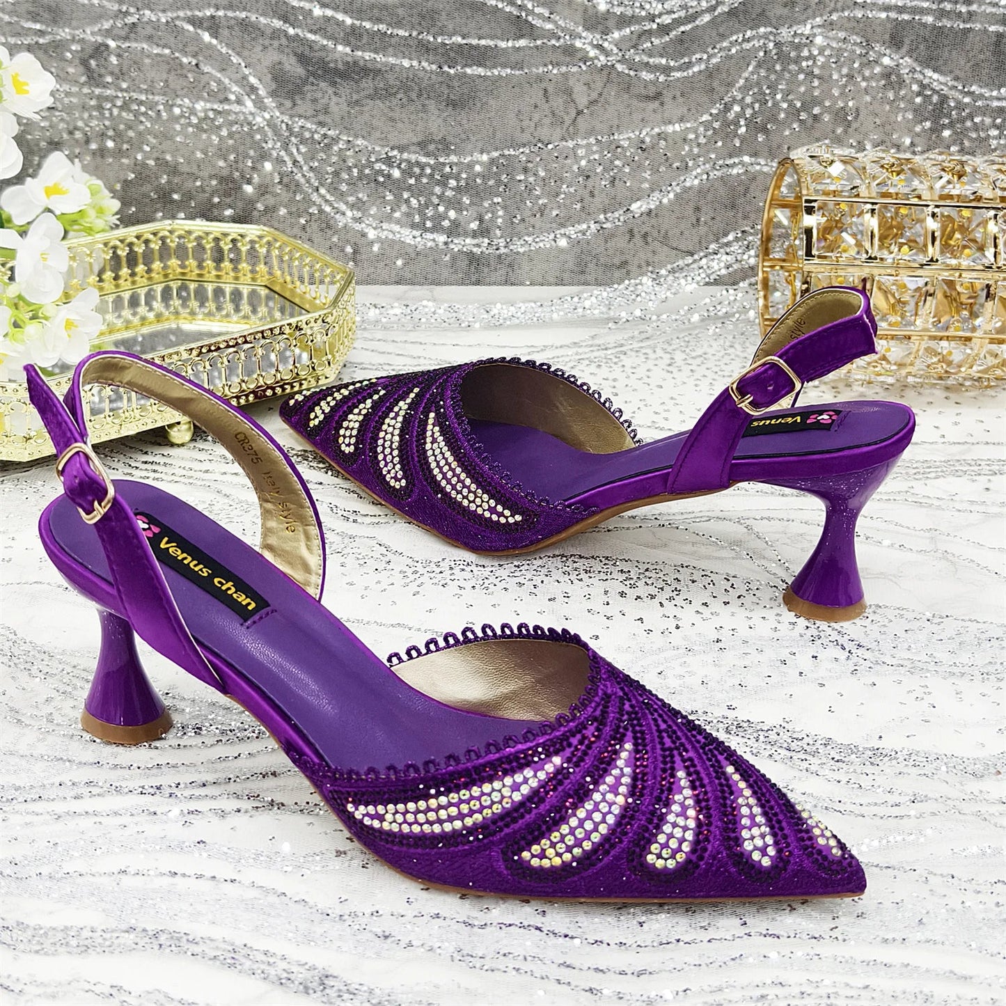 Venus Chan 2025 New Shoes and Bag to Match Orange Colour Pointed-Toe Diamond-Studded Party Women's High Heels Ms. Banguet Scene