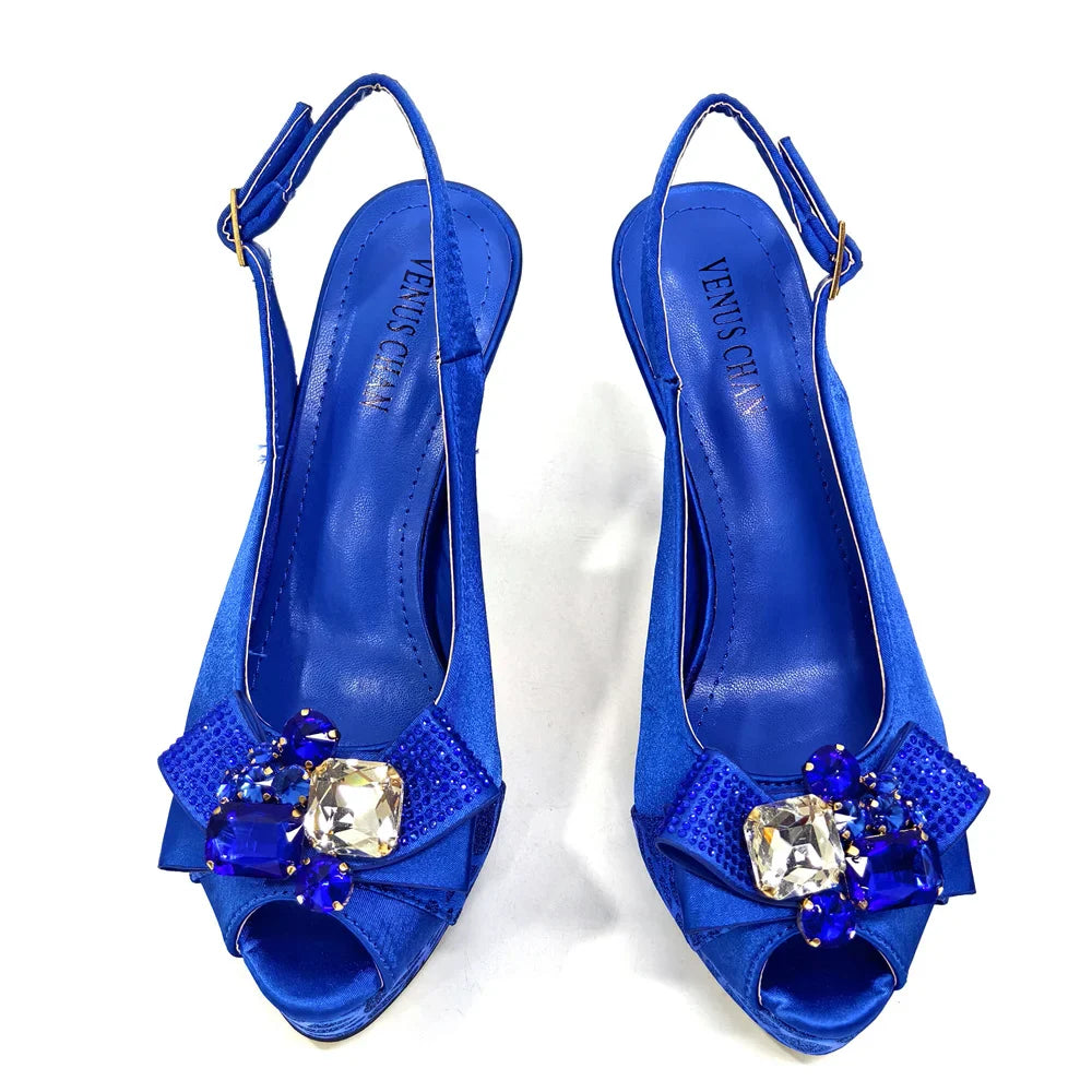 Nigerian Women Heel Party Shoes and Bag Set Royal Blue Colour Rhinestone Handbag Italian Design Wedding INS 2024