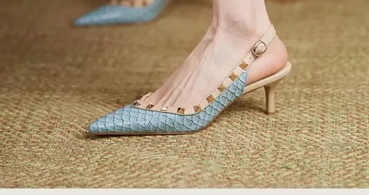 Women Sandals Rivets Pointed Toe Slingbacks Patent Leather Mid Heels Pumps Blue Snakeskin Pattern Slip on Sandalias Mujer