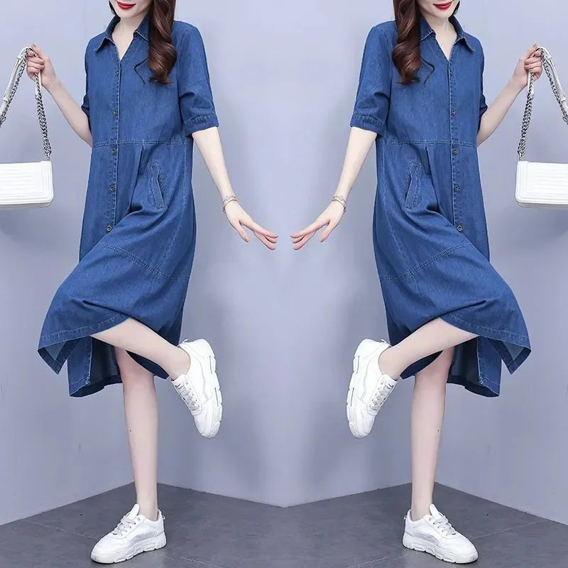Oversized 5XL Single Breasted Denim Dress For women 2024 Summer New Short sleeved Shirt Denim Dresses Female Casual Clothes