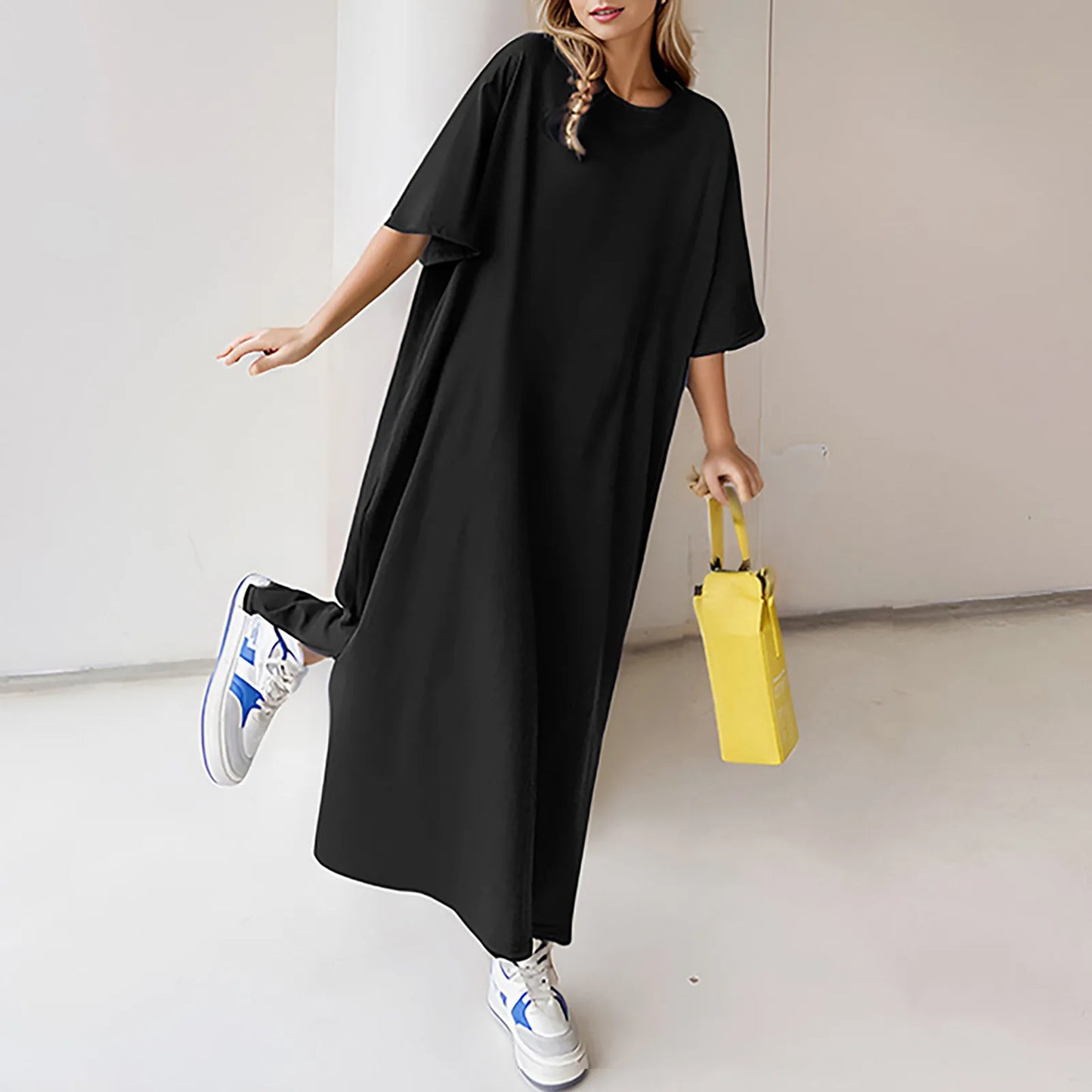 Summer Solid Color T Shirt Dress Casual Short Sleeved Loose Dresses Round Neck Slit Maxi Dress For Women Elegant Vestidos 2024