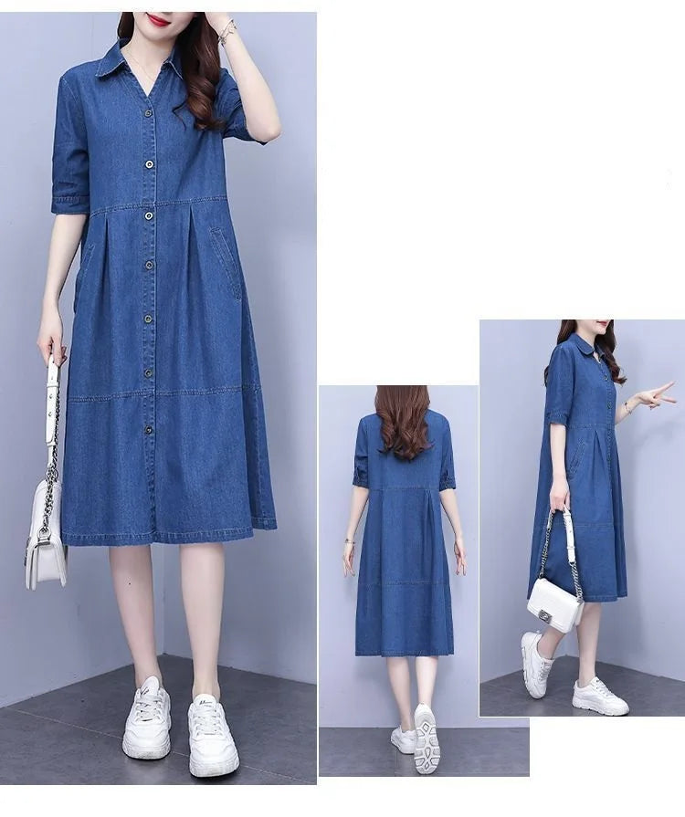 Oversized 5XL Single Breasted Denim Dress For women 2024 Summer New Short sleeved Shirt Denim Dresses Female Casual Clothes