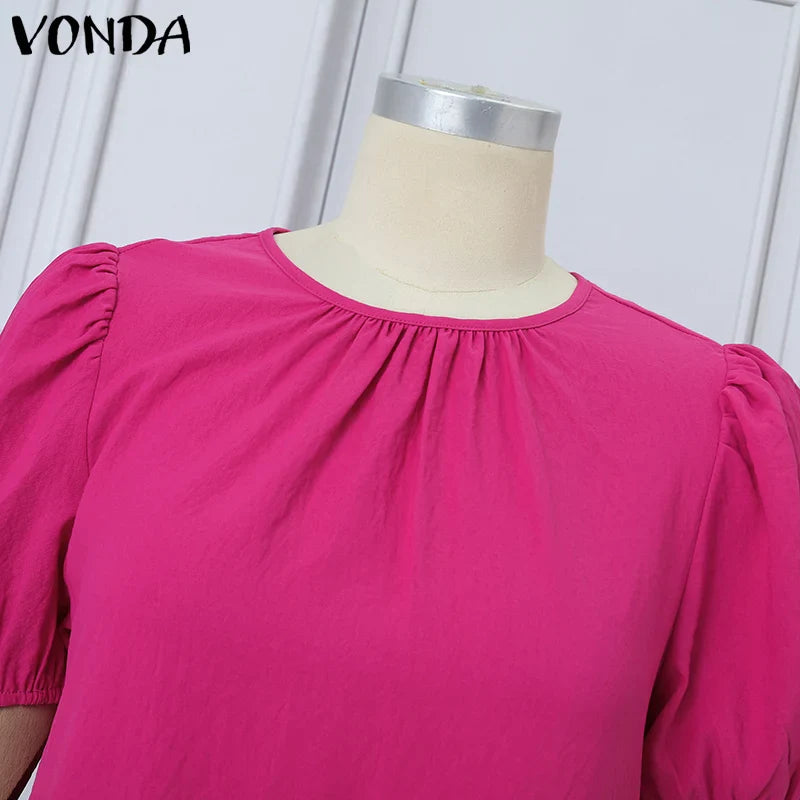 VONDA Women Party Dress Solid Color Casual Office Work Mini Sundress 2025 Summer Female O Neck Vestidos Oversized Loose Robe