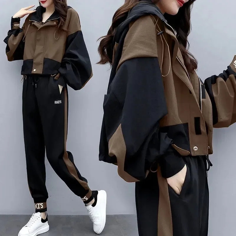 Women's Tracksuit Korean Elegant Hoodie Zipper Jacket Coat Sport Pants Two Piece Suit 2025 Spring Autumn New in Matching Set