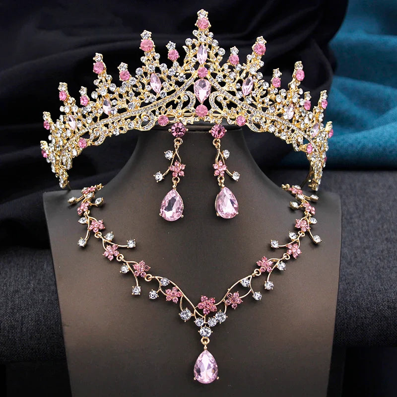 Opal Green Tiaras and earrings necklace Set for Women Bridal Jewelry Sets Wedding Dress Crown Bride Prom Costume Accessories