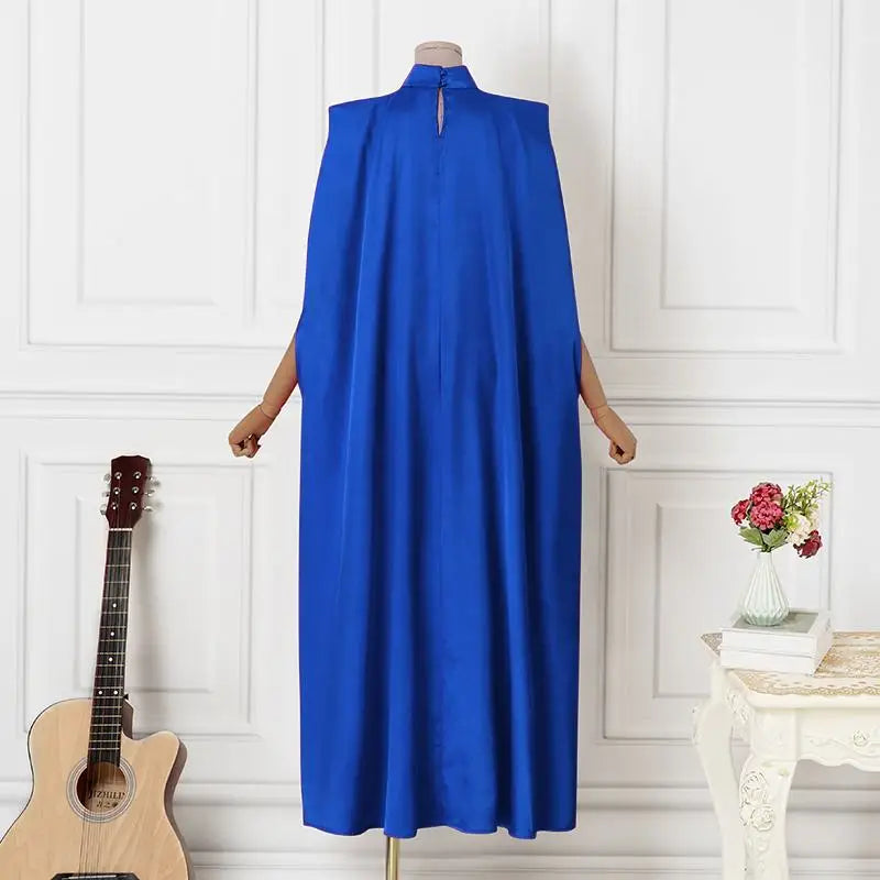 Women Evening Maxi Dress VONDA 2023 Summer Stand Collar Elegant Satin Long Bat Sleeve Pleated Sundress Casual Solid Robe Femme