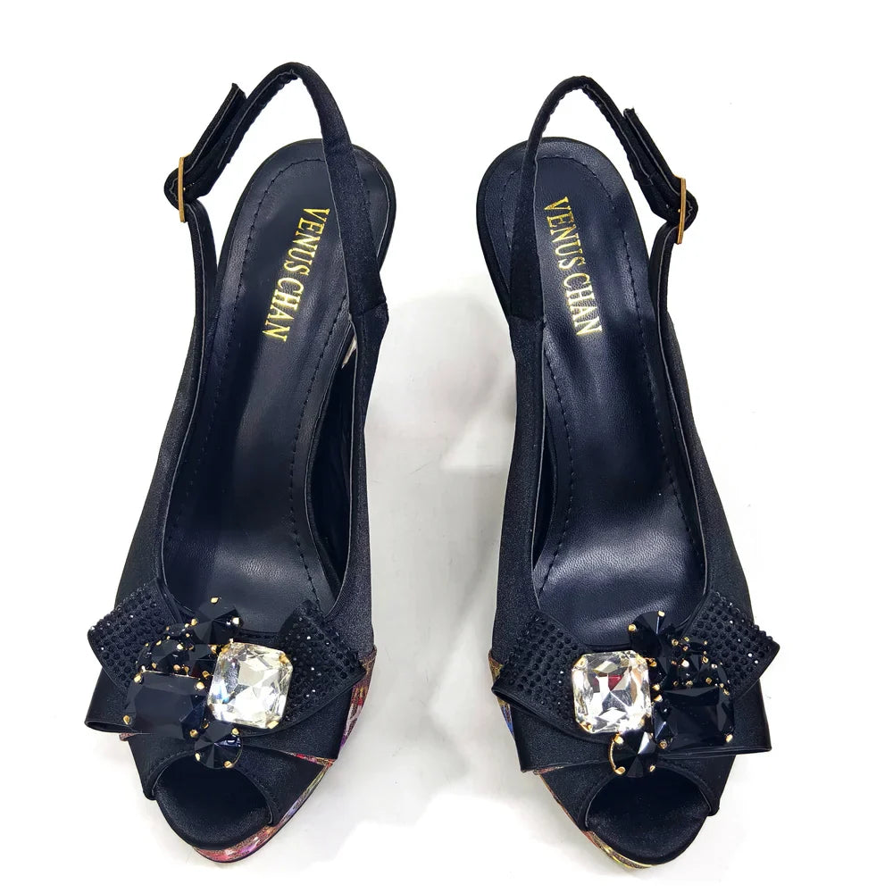 Nigerian Women Heel Party Shoes and Bag Set Royal Blue Colour Rhinestone Handbag Italian Design Wedding INS 2024