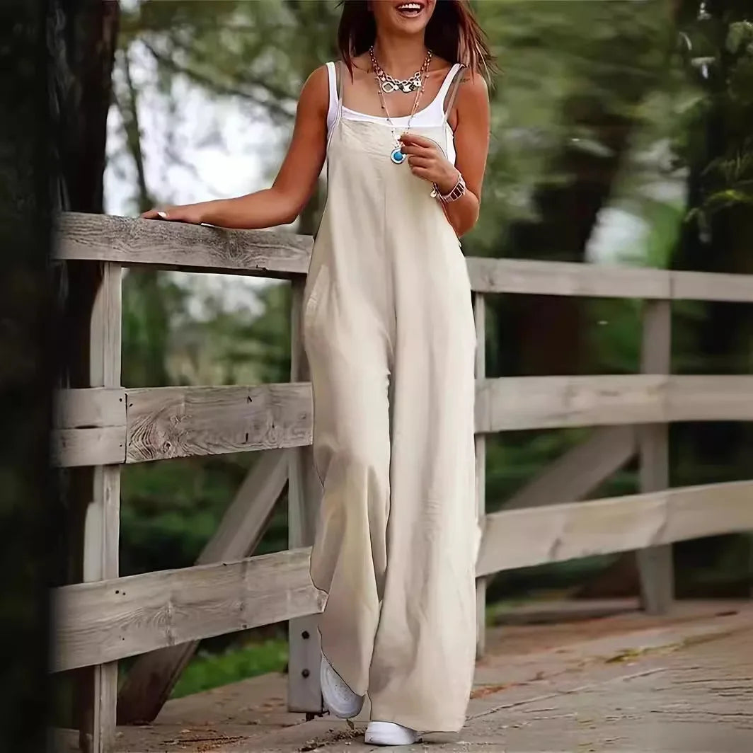 Women's Sleeveless Plus Size Jumpsuit Cotton And Linen Solid Loose Wide Leg Slash Pocket Casual Ankle-Length Pants 2024