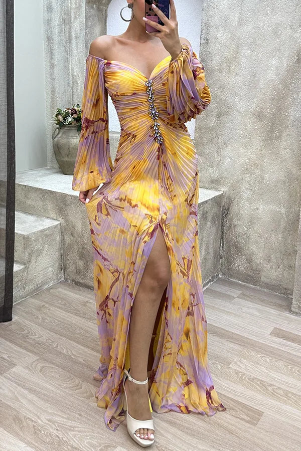 Women Floral Lantern Long Sleeve Dress Elegant Rhinestone Off Shoulder Maxi Dresses Sexy Deep V-neck Waist Split Parties Dress