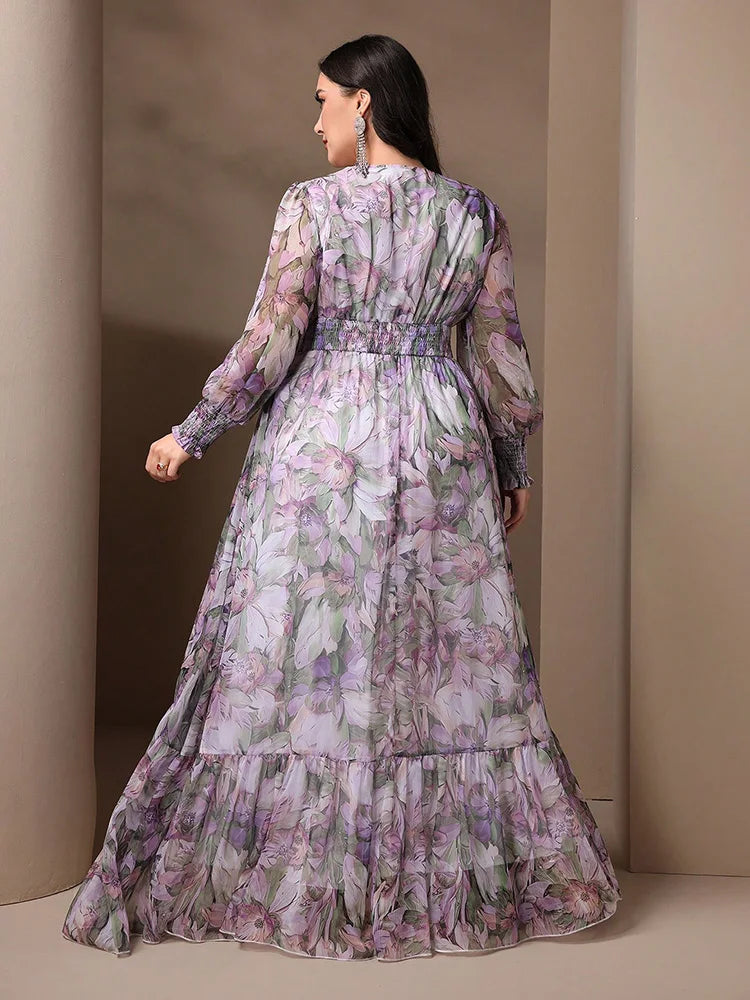 TOLEEN Plus Size Women V-Neck Lantern Sleeve Ruffle 2024 Spring Summer Casual Elegant Floral Print Vacation Party Long Dresses