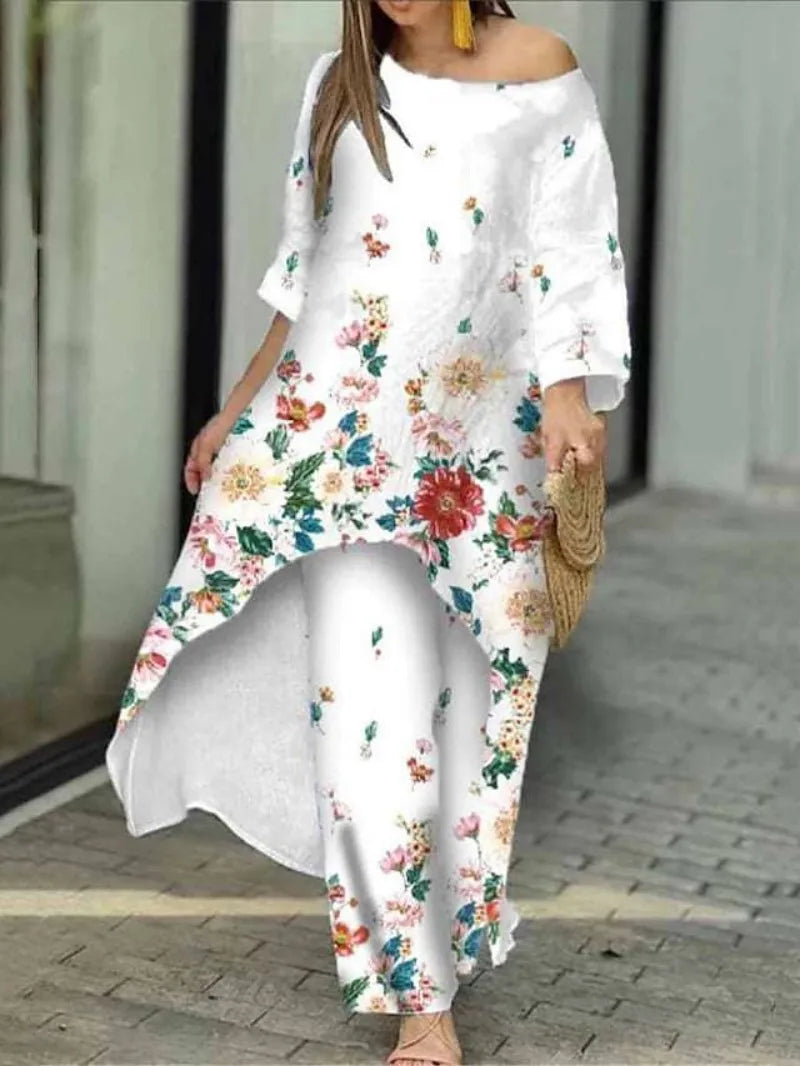 Women's Fashion Spring/Summer Casual Loose Irregular Printed Nine Sleeve Round Neck Shirt High Waist Wide Leg Pants 2-piece Set