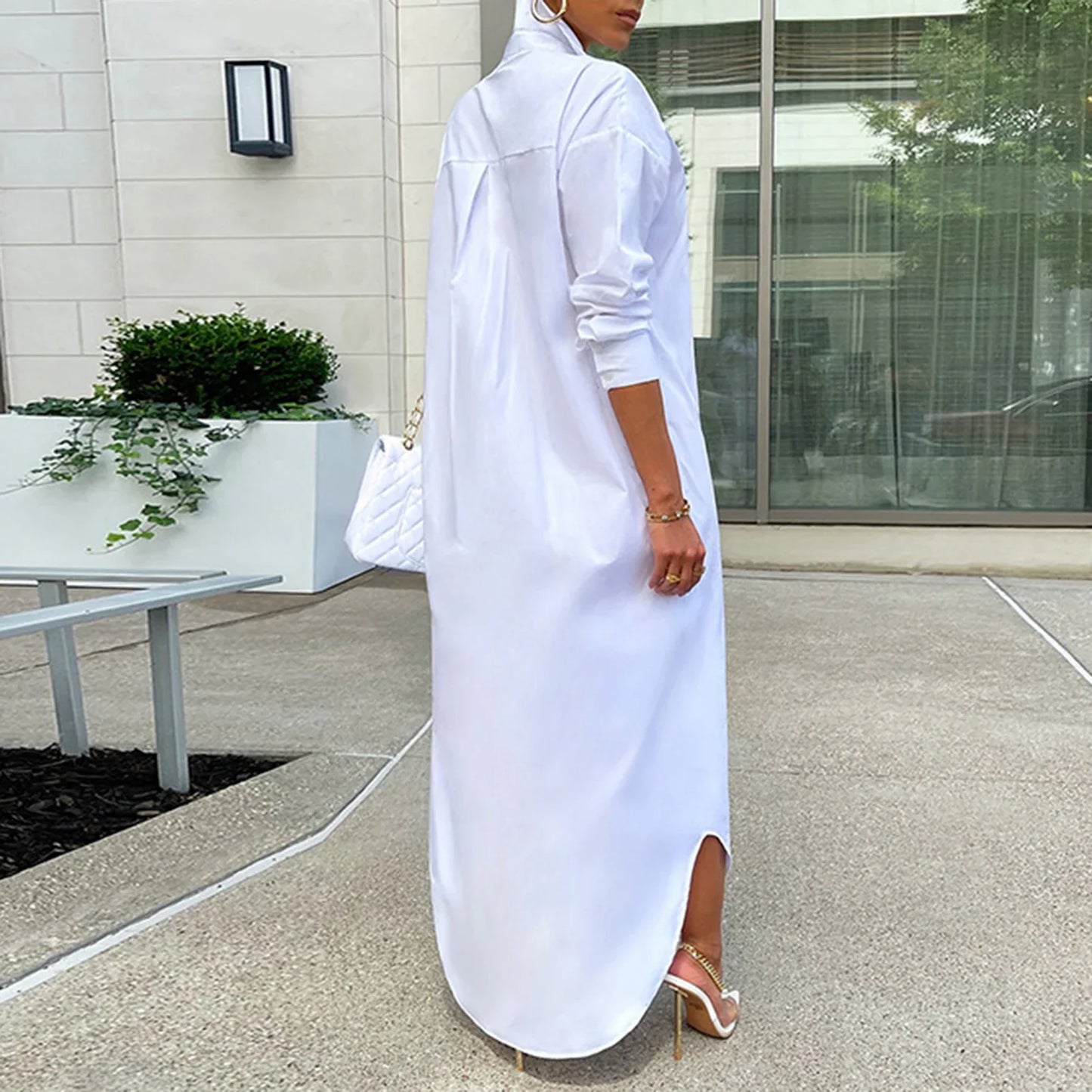 Women Shirt Windproof Shirt Dress Versatile Hem Stylish Autumn Winter Solid Color Shirt Long Dress