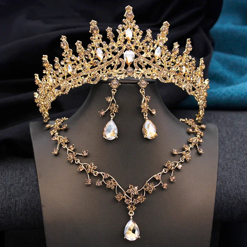Opal Green Tiaras and earrings necklace Set for Women Bridal Jewelry Sets Wedding Dress Crown Bride Prom Costume Accessories