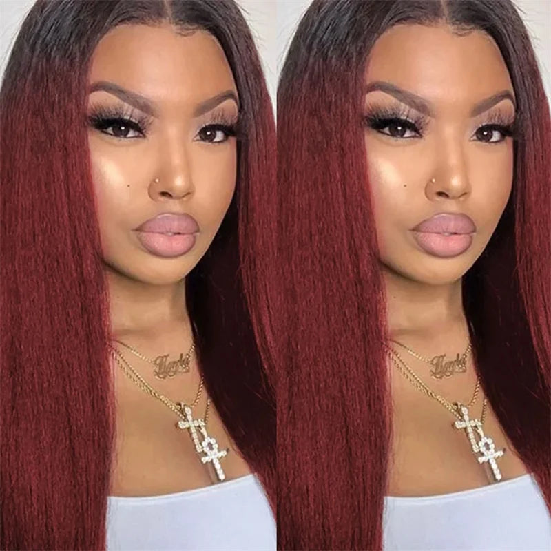 Yaki Long Ombre 99J Glueless 30'' Kinky Straight Lace Front Wig For Women With Baby Hair Synthetic Preplucked Daily Wig