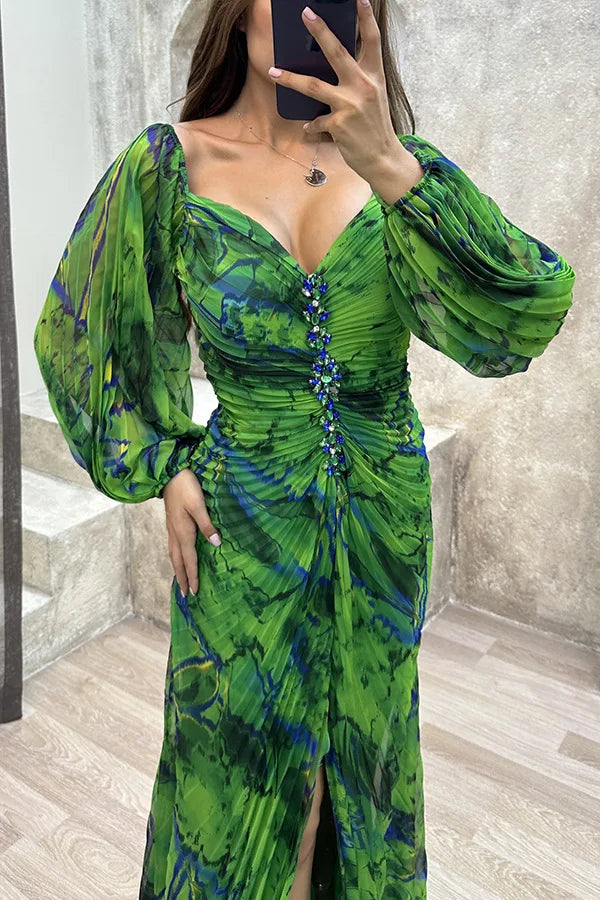 Women Floral Lantern Long Sleeve Dress Elegant Rhinestone Off Shoulder Maxi Dresses Sexy Deep V-neck Waist Split Parties Dress