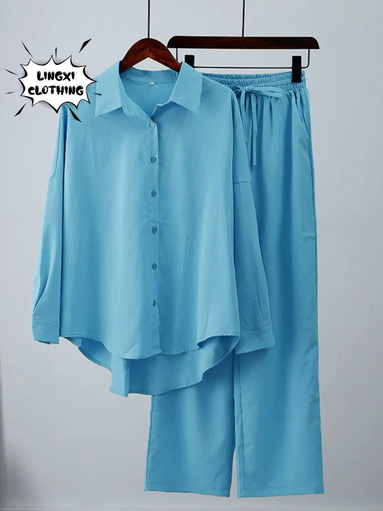 Summer Outfits for Women 2023 Fashion Loose Elastic Wrinkle Long Sleeve Shirt Wide Leg Pants Casual Set for Women 2 Piece Set