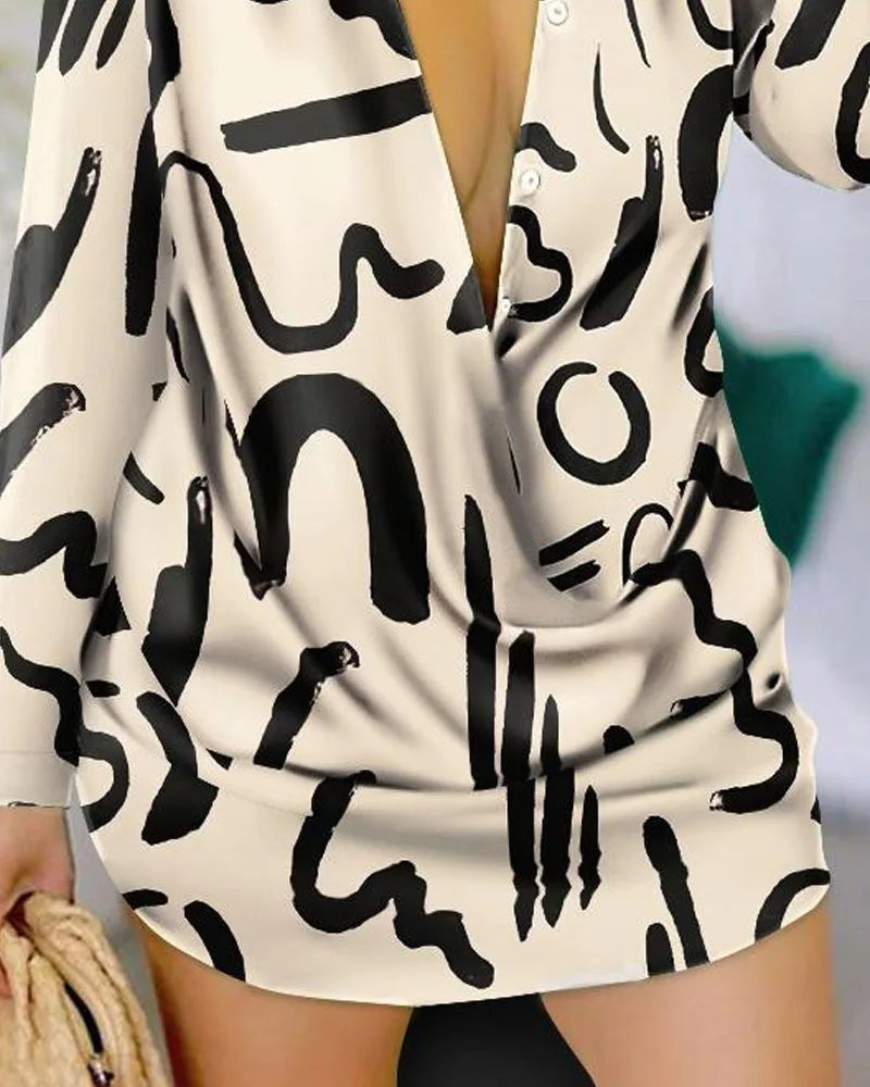 Women Urban Blouses 2024 Spring Summer Hot Selling Sexy Deep V-Neck Fashion Printed Long Sleeved Shirt Dress Loose Versatile Top