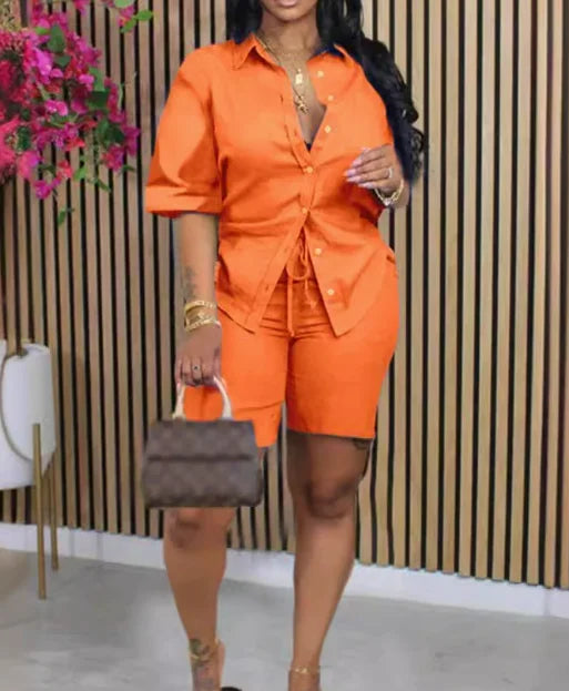 Solid Color Casual Loose Short Pants Sets For Women 2025 Elegant Summer Women's Two Pieces Suit Full Set Female Outfit Clothes