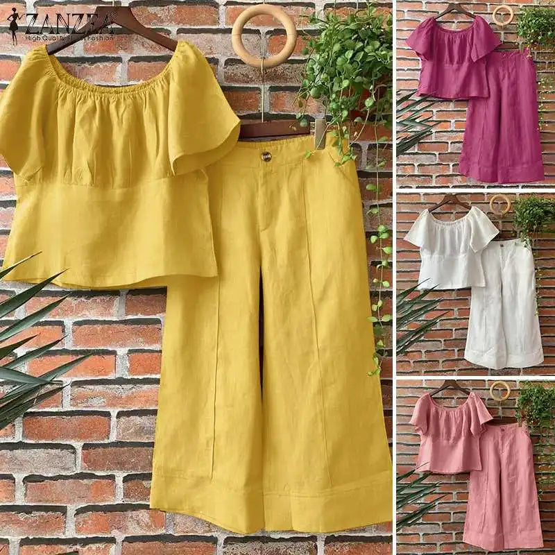 Summer Women Matching Sets ZANZEA 2PCS Elegant Short Sleeve Blouse Wide Leg Pants Fasahion OL Work Pant Sets Holiday Tracksuits