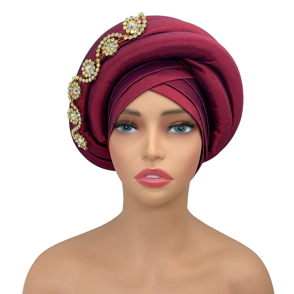 Twisted Braid Turban Cap for Women African Lady Head Wraps Diamonds Nigeria Raw Silk Autogele Headtie Muslim Hat Party Headwear