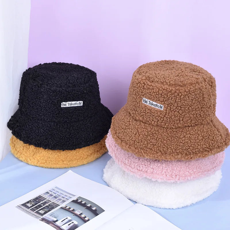 Women Girls Faux Fur Bucket Hat Plush Warm Fisherman Hat Outdoor Windproof Panama Bowl Hats Autumn Street Cold -proof Cap Hats