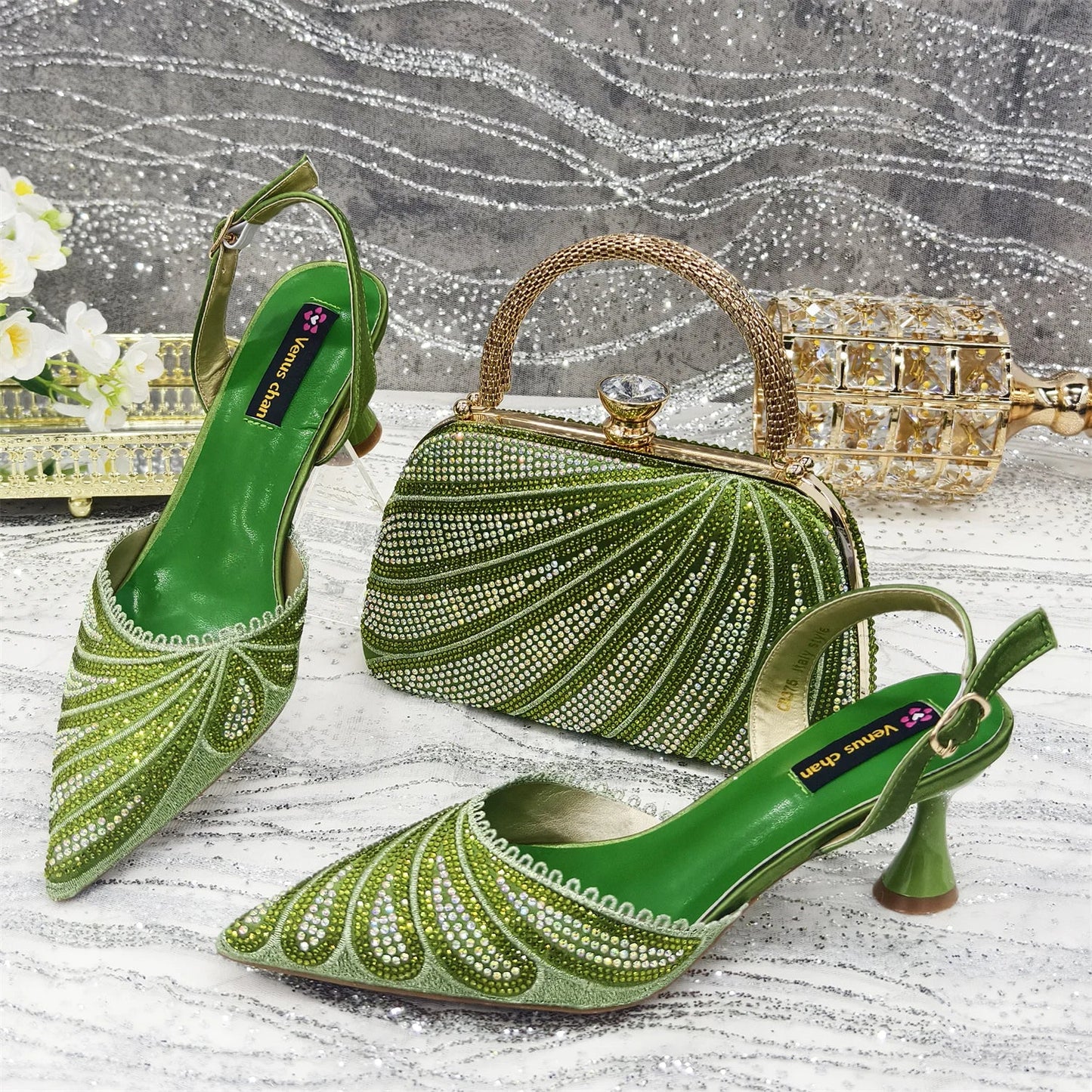 Venus Chan 2025 New Shoes and Bag to Match Orange Colour Pointed-Toe Diamond-Studded Party Women's High Heels Ms. Banguet Scene