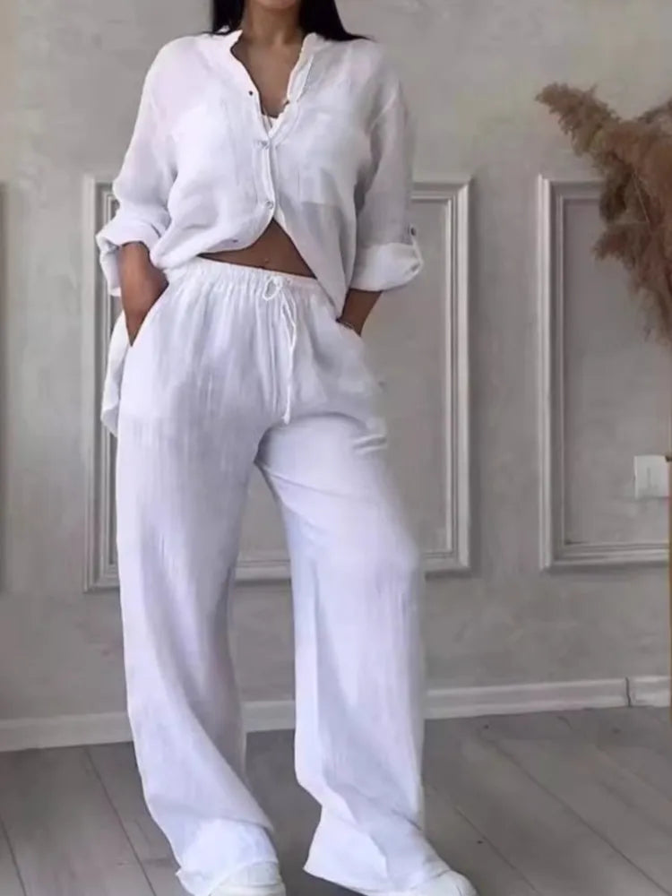 Women's Fashion Set Casual Long Sleeve Pocket Shirts + Loose Wide Leg Pants 2 Piece Set For Women Spring Autumn Women Clothes
