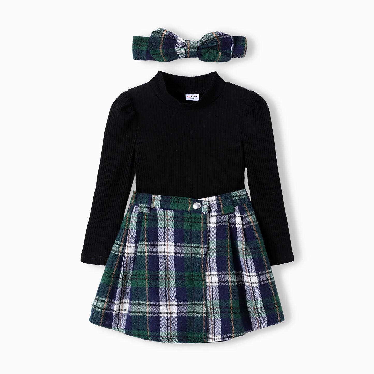 PatPat Toddler Girl 3pcs Classic Long-Sleeve Tee and Grid Skirt Set with Headband