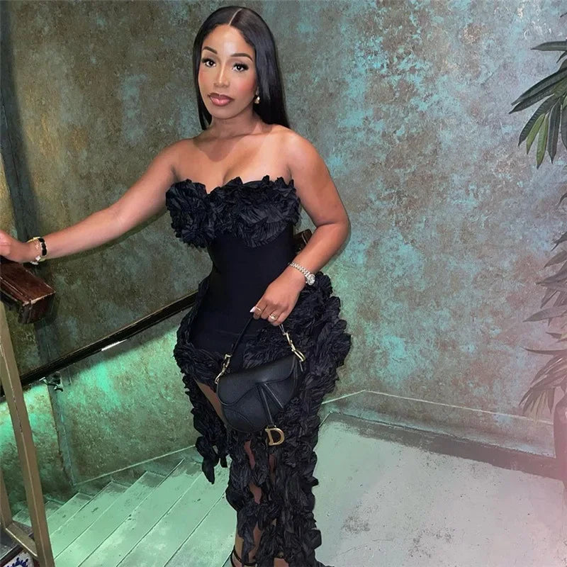 Women Strapless Ruffles Tassel Splicing Irregular Birthday Bodycon Midi Maxi Dress 2025 Even Sexy Party Dresses Vestidos