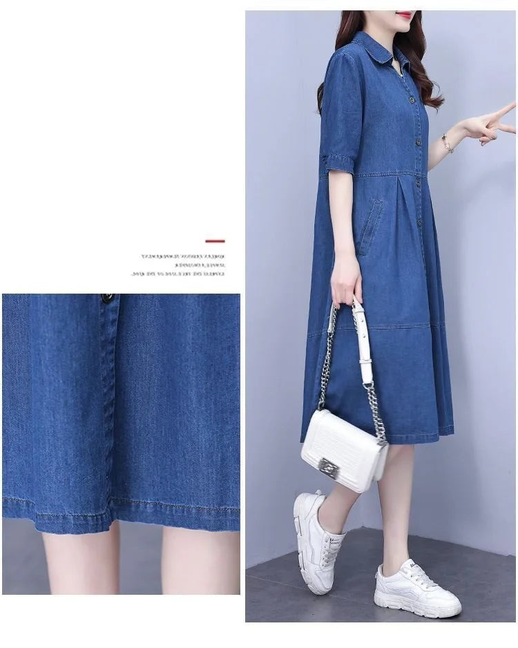 Oversized 5XL Single Breasted Denim Dress For women 2024 Summer New Short sleeved Shirt Denim Dresses Female Casual Clothes