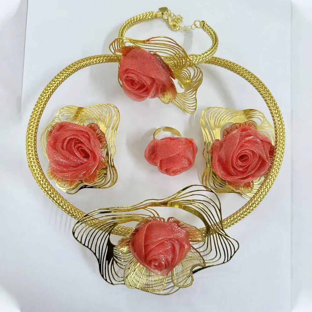 Women Gold Color Jewelry Set Braided Red Rose Design Large Pendant Unique Earrings Dubai Arab Fashion Ring Bracelet Party Gift