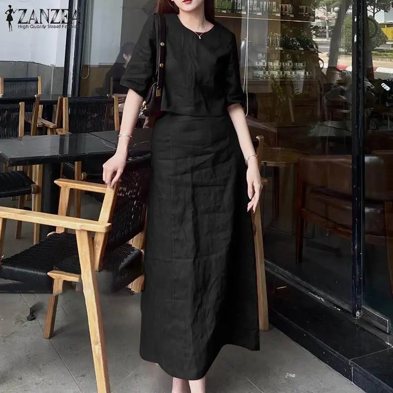 ZANZEA Women Solid 2PCS Dress Sets Casual Short Sleeve Crop Tops Suit Fashion Long Skirts Outfits Holiday Simple Matching Sets