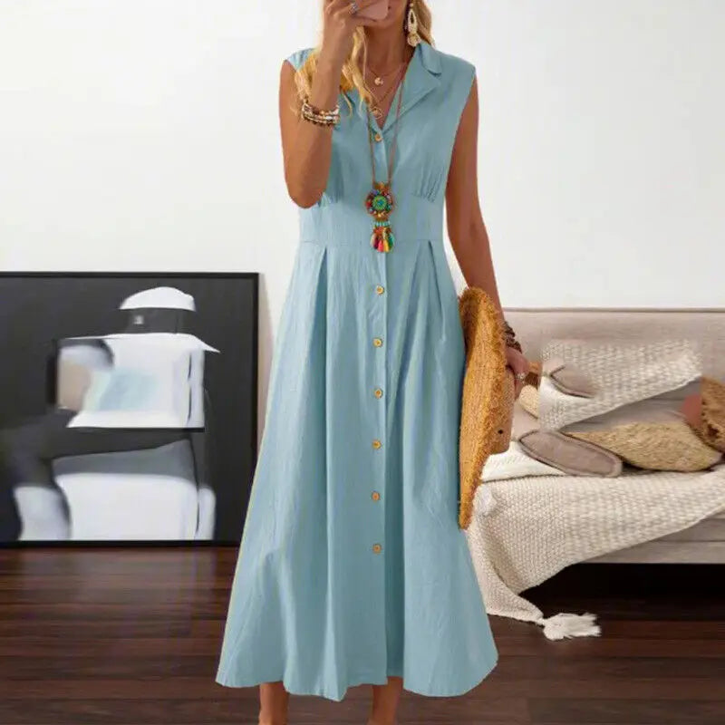 Women Cotton Linen Long Dress Summer Sleeveless Buttons Turn-down Collar Shirt Dress Loose Neck Temperament Office Dresses 2024