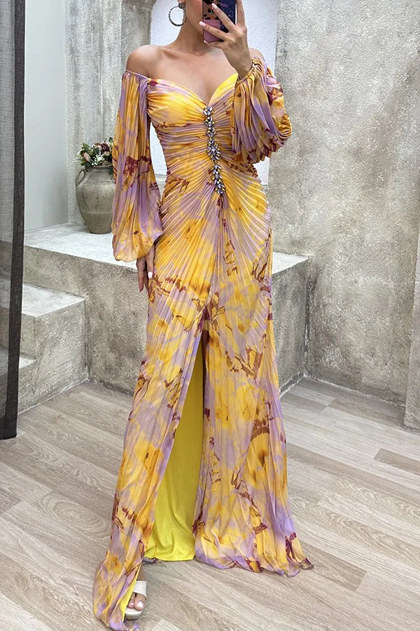 Women Floral Lantern Long Sleeve Dress Elegant Rhinestone Off Shoulder Maxi Dresses Sexy Deep V-neck Waist Split Parties Dress