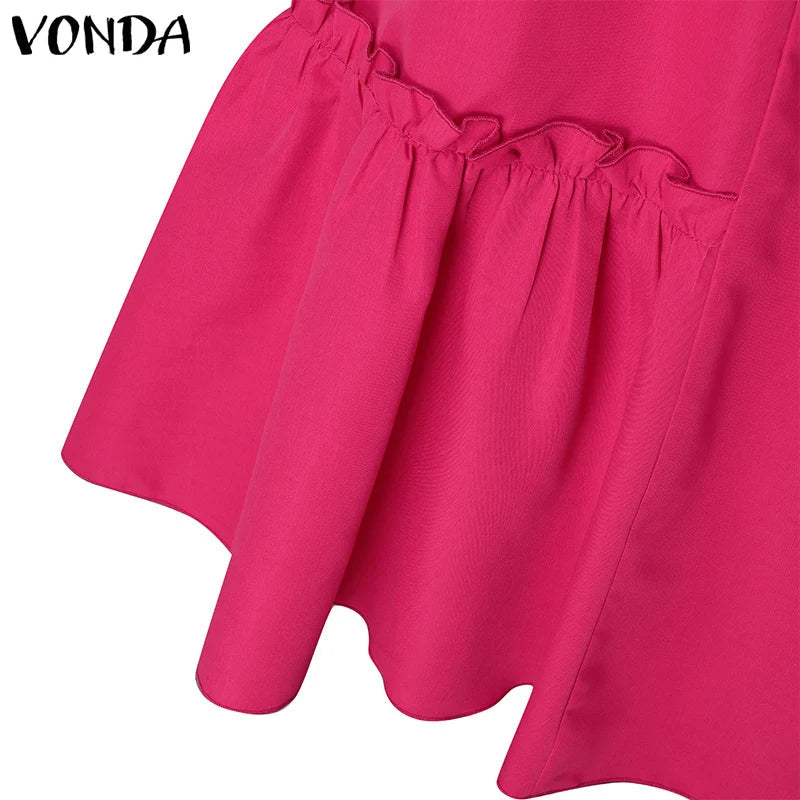 Plus Size VONDA Women Ruffled Maxi Long Dress 2024 Casual Solid Color A-Line Shirt Dress Stand Collar Long Sleeve Party Vestido