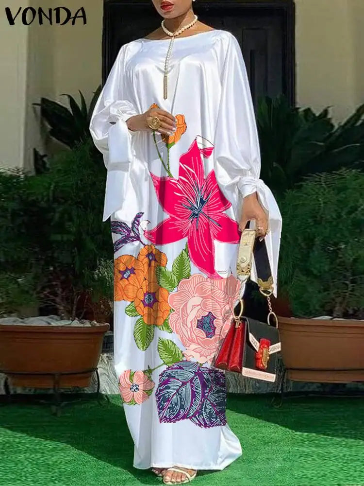 VONDA Elegant Floral Kaftan Maxi Dress – Loose Fit Satin Robe for Women
