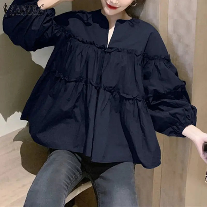 ZANZEA Fashion Women Long Puff Sleeve Blouse Autumn Spring Eelgant Shirt Ruffles Blusas Femininas Mujer Party Work Tops Tunic
