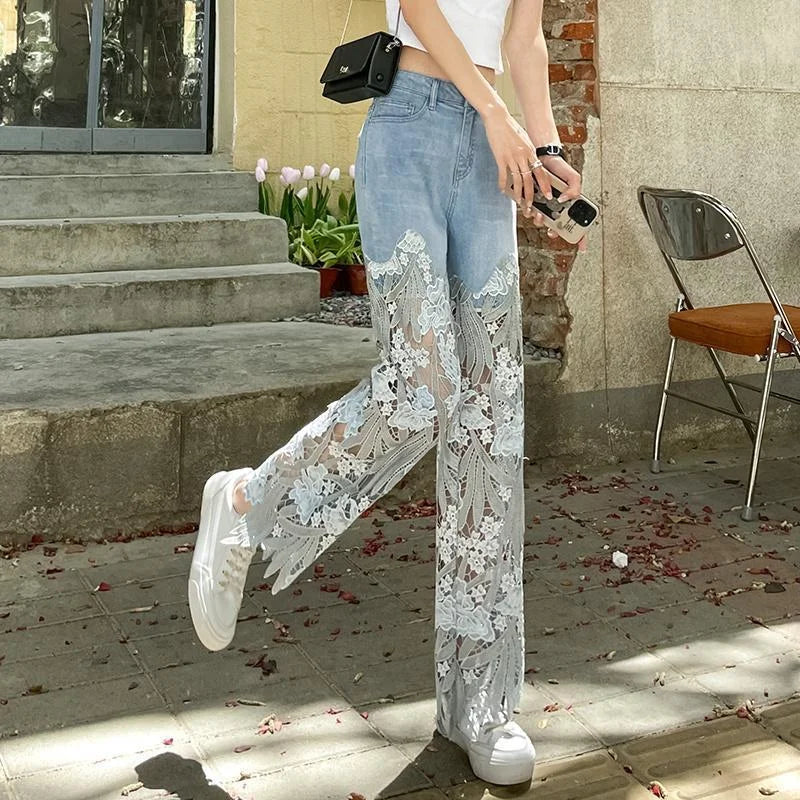 Pants for Woman and Capris Straight Leg with Rhinestones Transparent Women's Jeans Lace Grunge Spring Pant Vintage Trousers