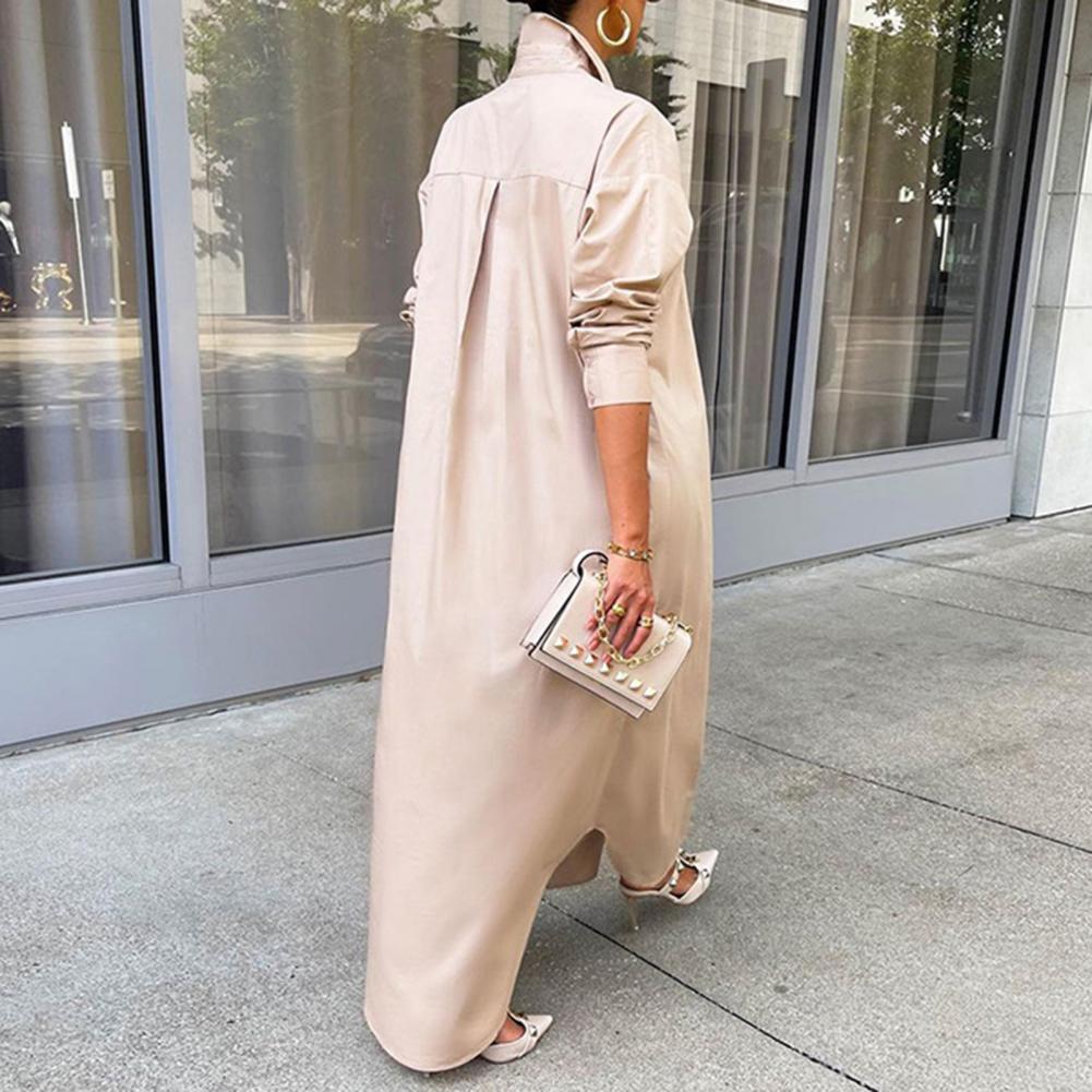 Women Shirt Windproof Shirt Dress Versatile Hem Stylish Autumn Winter Solid Color Shirt Long Dress