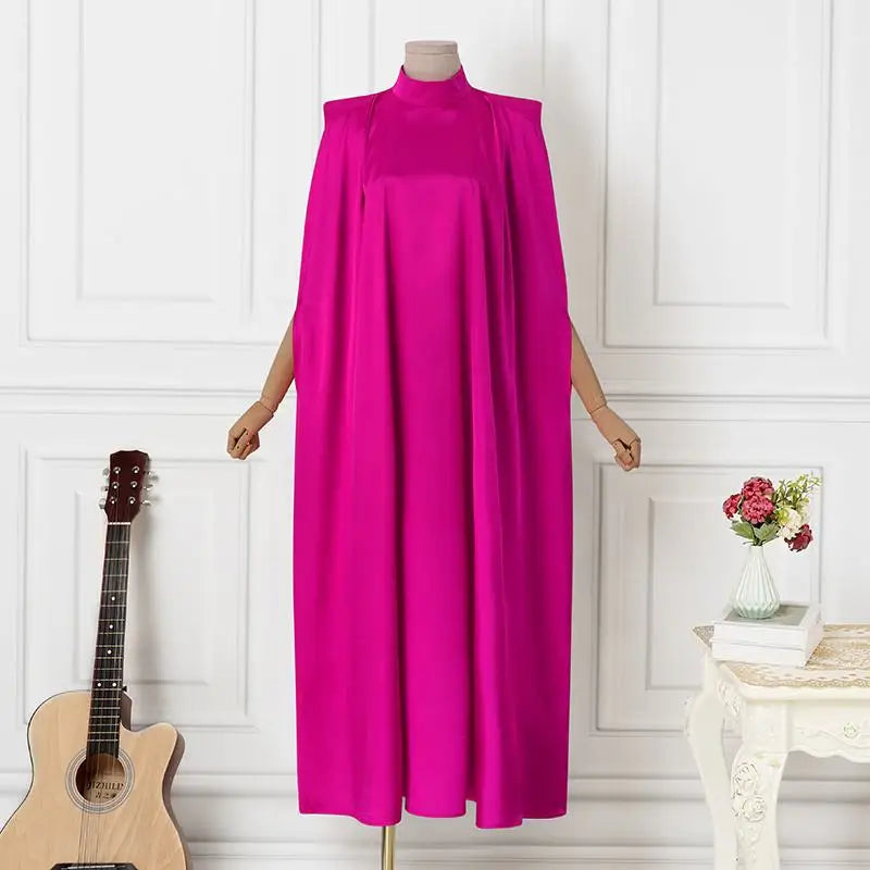 Women Evening Maxi Dress VONDA 2023 Summer Stand Collar Elegant Satin Long Bat Sleeve Pleated Sundress Casual Solid Robe Femme