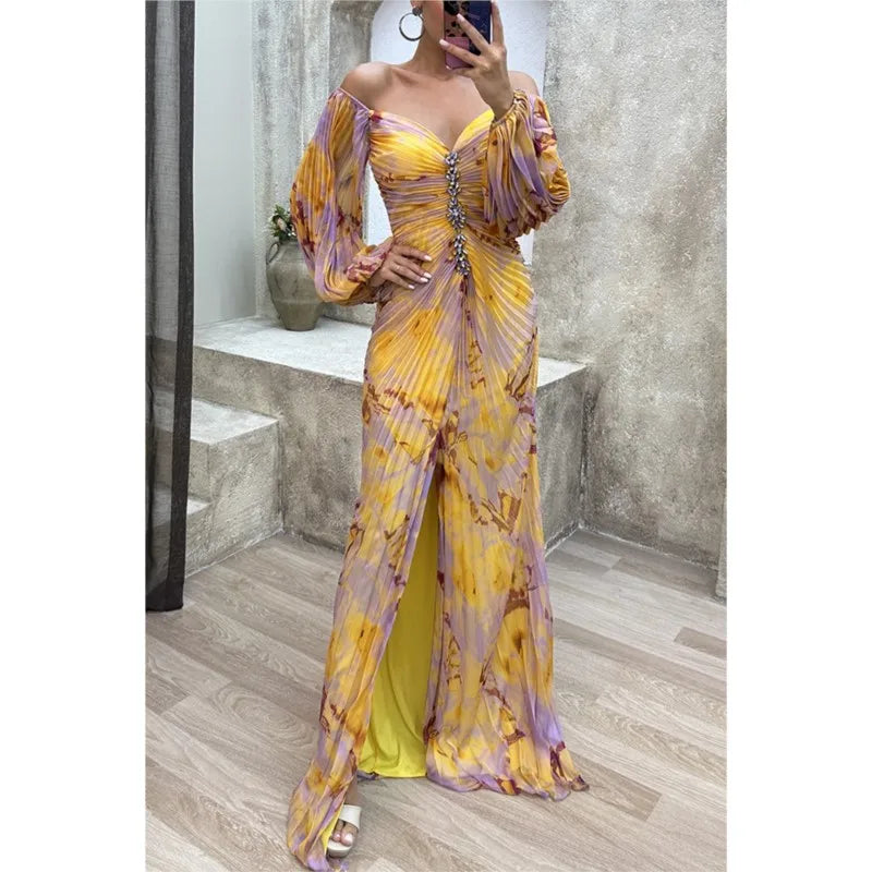 Women Floral Lantern Long Sleeve Dress Elegant Rhinestone Off Shoulder Maxi Dresses Sexy Deep V-neck Waist Split Parties Dress