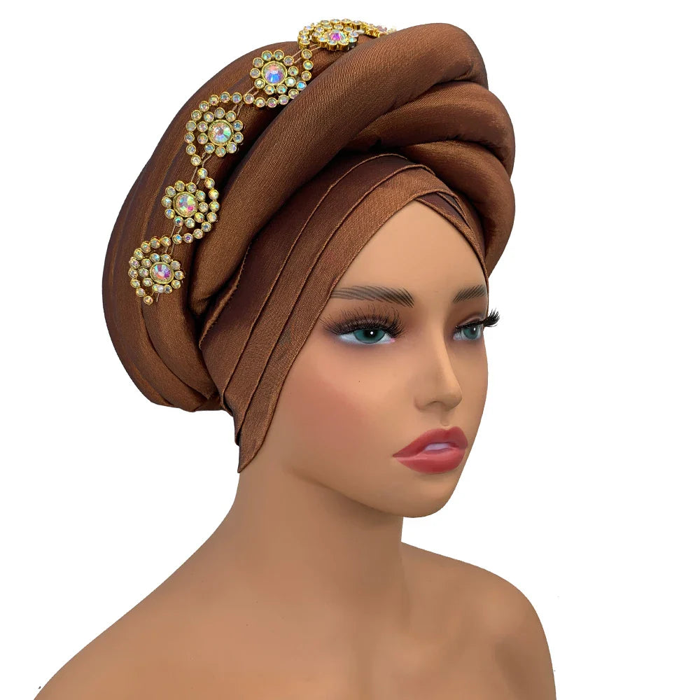 Twisted Braid Turban Cap for Women African Lady Head Wraps Diamonds Nigeria Raw Silk Autogele Headtie Muslim Hat Party Headwear