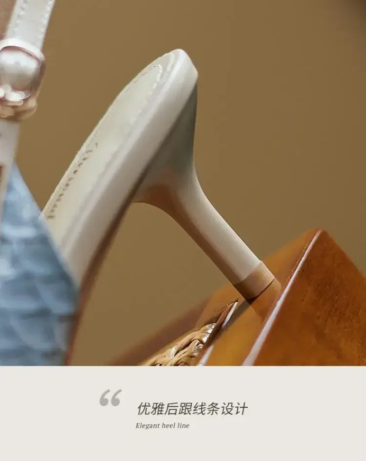 Women Sandals Rivets Pointed Toe Slingbacks Patent Leather Mid Heels Pumps Blue Snakeskin Pattern Slip on Sandalias Mujer