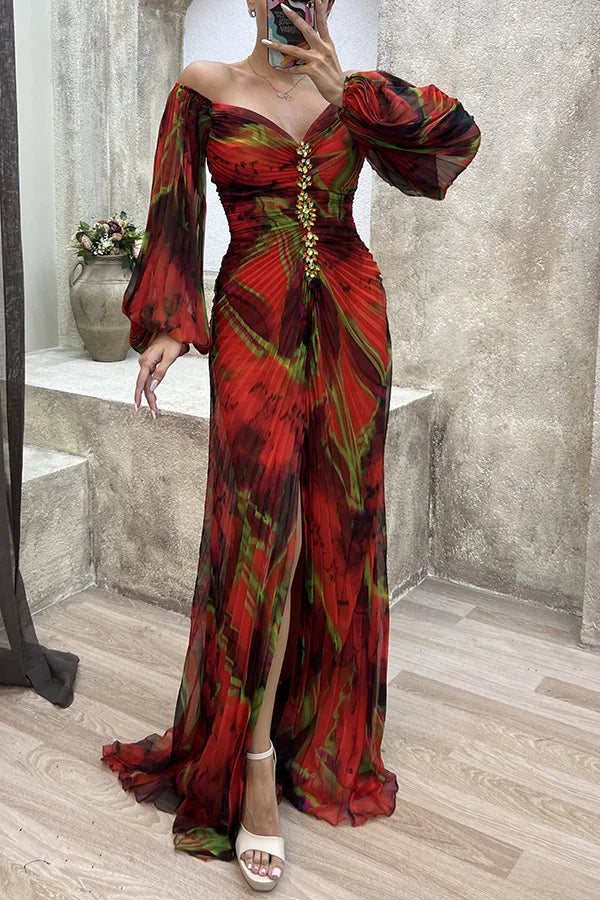 Women Floral Lantern Long Sleeve Dress Elegant Rhinestone Off Shoulder Maxi Dresses Sexy Deep V-neck Waist Split Parties Dress