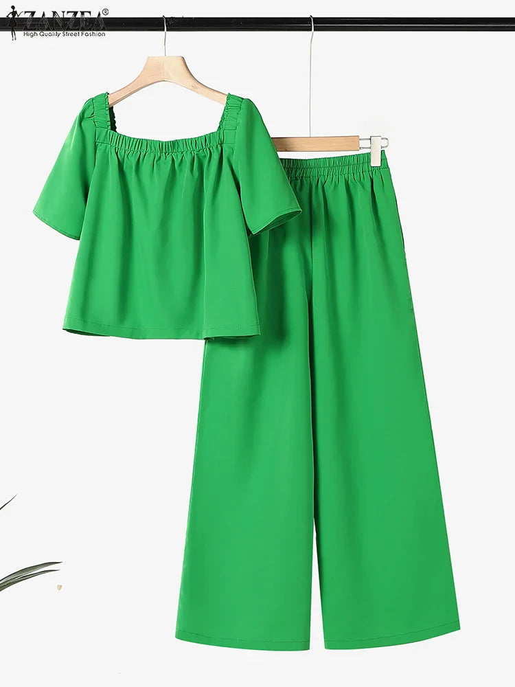 ZANZEA Women Short Sleeve Square Collar Tops Elastic Waist Pant Sets Summer Outfits Elegant Floral Embroidery Two Piece Suts