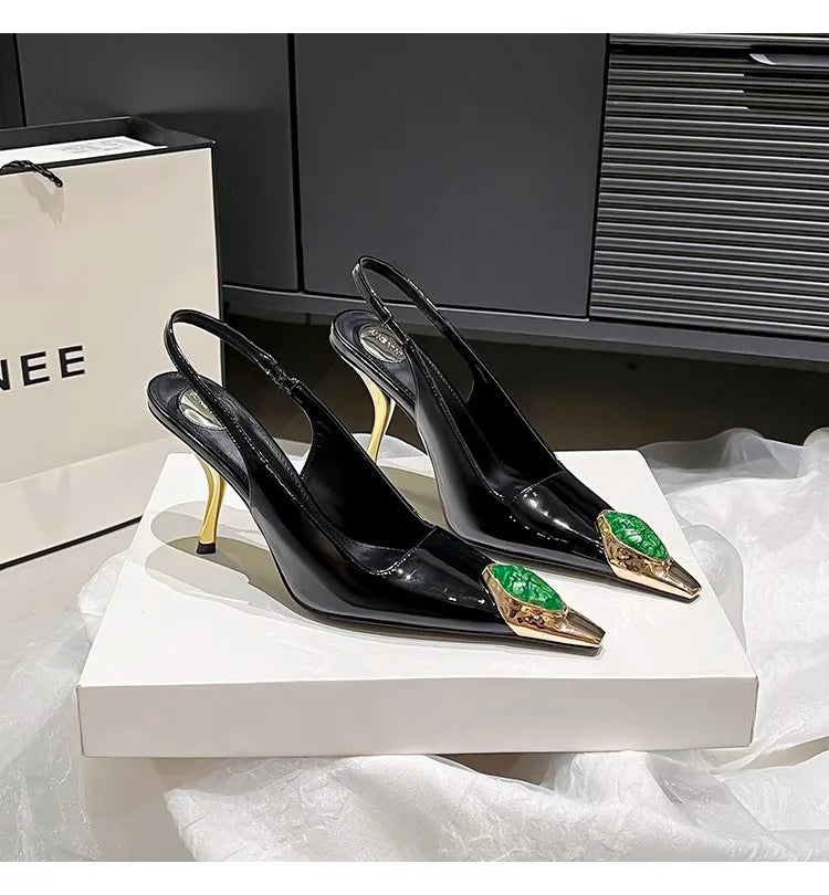 Women's Gem Metal Pointed Temperament High Heels with Sexy Empty Sandals